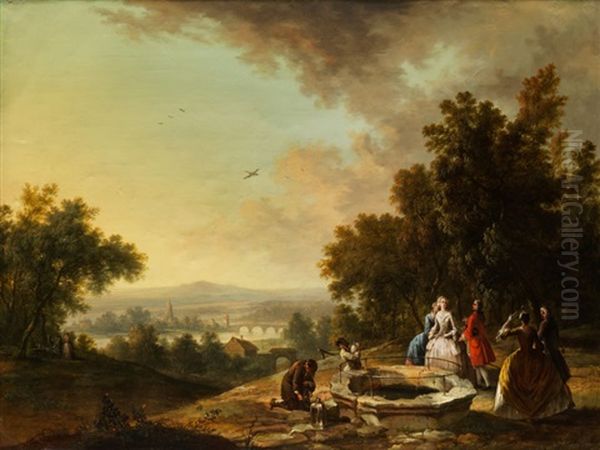 Flusslandschaft Mit Hofischer Gesellschaft An Einem Brunnen Oil Painting by Christian Georg Schuetz the Younger