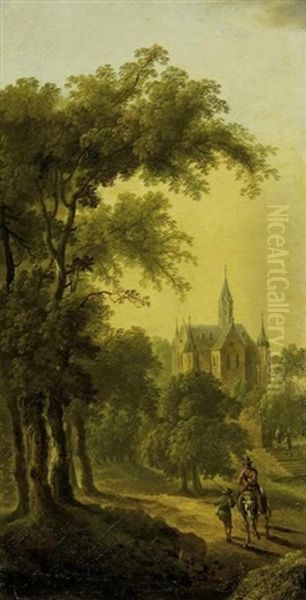 Reiter Am Waldrand Vor Einer Grosen Klosterkirche Oil Painting by Christian Georg Schuetz the Younger