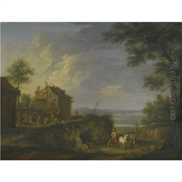 A Landscape With Peasants Watering Their Horses At The Stream Oil Painting by Christian Georg Schuetz the Younger