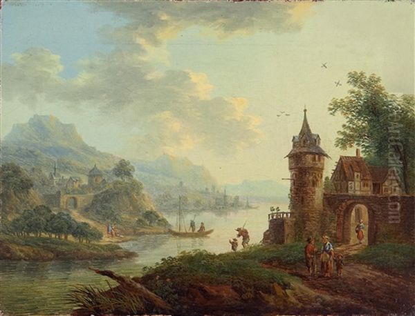 Ideale Rheinlandschaft Oil Painting by Christian Georg Schuetz the Younger