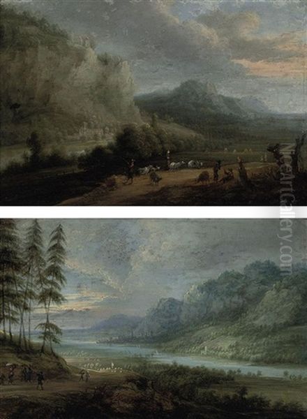 A Mountainous Wooded River Landscape With Sheperds And Their Cattle (+ An Extensive Wooded River Landscape With Travellers On A Track, A Town Beyond by Christian Georg Schuetz the Younger