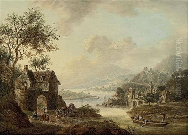 An Extensive Rhenish River Landscape With Figures Beside A Ruined Arch, Mountains Beyond Oil Painting by Christian Georg Schuetz the Younger