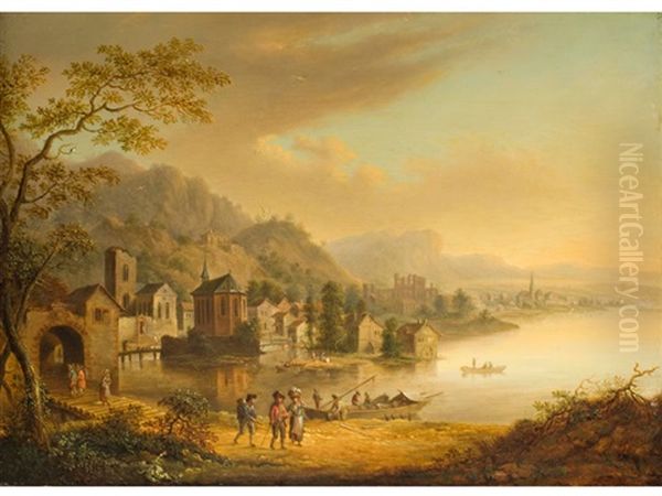 Flusslandschaft Mit Uferbebauung Und Ruine Oil Painting by Christian Georg Schuetz the Younger