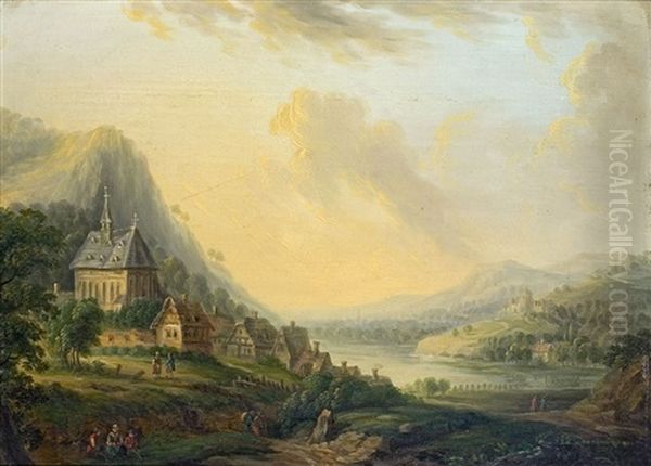 Flusslandschaft Mit Dorf Und Kirche Oil Painting by Christian Georg Schuetz the Younger