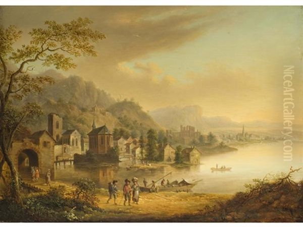 Flusslandschaft Mit Uferbebauung Und Ruine by Christian Georg Schuetz the Younger