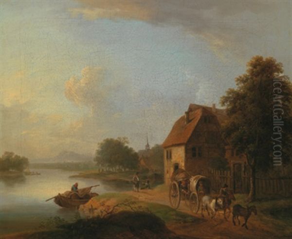 Flusslandschaft Mit Einem Pferdefuhrwerk Auf Der Uferstrase Oil Painting by Christian Georg Schuetz the Younger