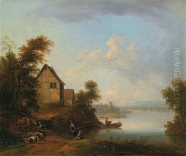 Flusslandschaft Mit Einer Viehherde Am Linken Ufer Oil Painting by Christian Georg Schuetz the Younger