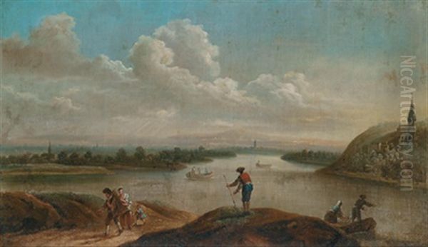 Weite Flusslandschaft Mit Booten Und Figuren Oil Painting by Christian Georg Schuetz the Younger