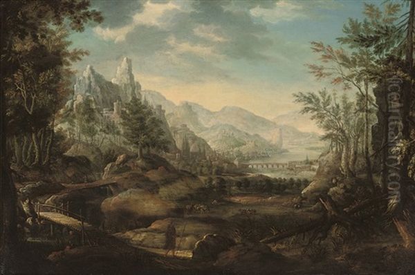 An Extensive Mountainous Landscape With A Traveller Crossing A Bridge Oil Painting by Christian Georg Schuetz the Younger