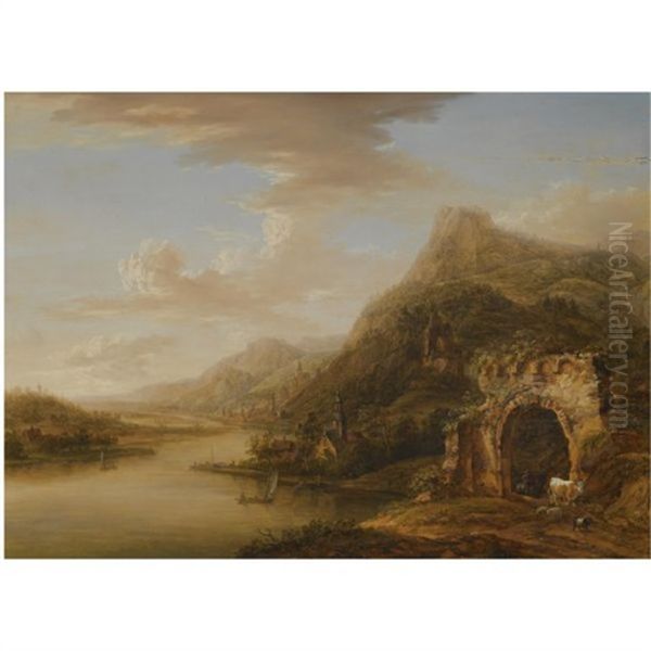 An Extensive Rhenish Landscape With A Ruined Arch In The Foreground Oil Painting by Christian Georg Schuetz the Younger