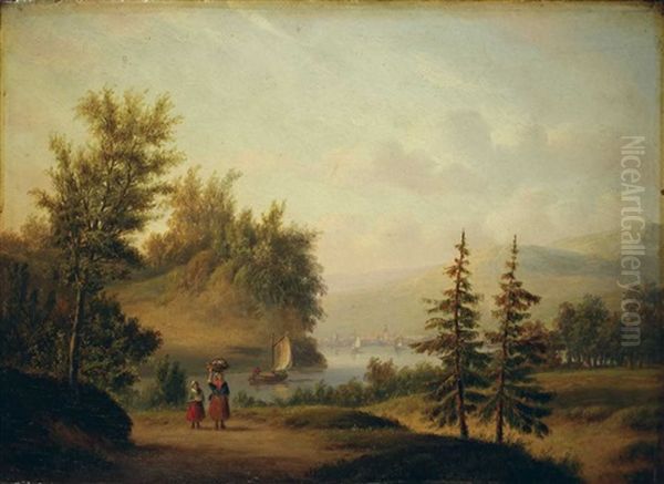 Flusslandschaft Mit Segelbooten Und Figuren Oil Painting by Christian Georg Schuetz the Younger