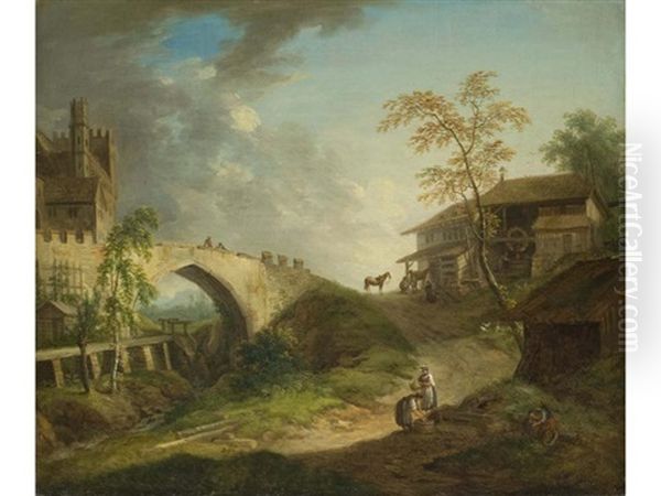 Alte Muhle Am Schlossgraben Mit Bogenbrucke Oil Painting by Christian Georg Schuetz the Younger