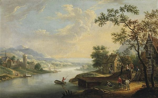 Sommerliche Fluslandschaft Mit Fahrstation by Christian Georg Schuetz the Younger