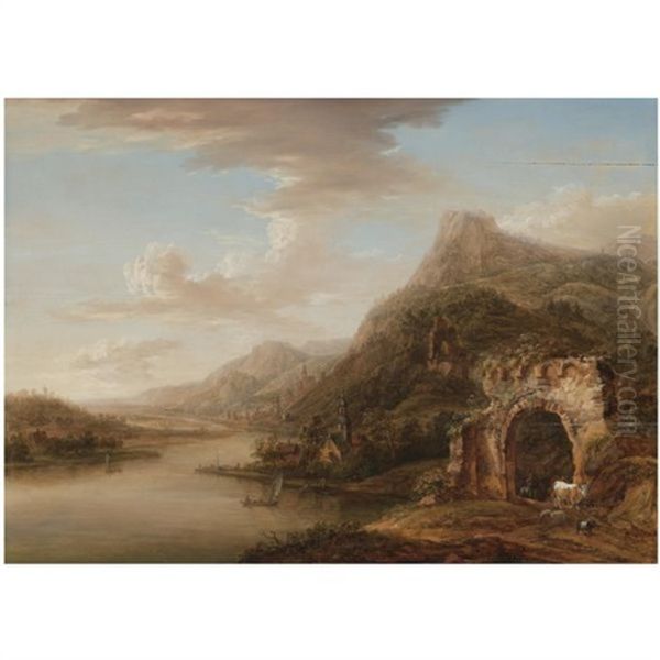 A Rhenish River Landscape Oil Painting by Christian Georg Schuetz the Younger