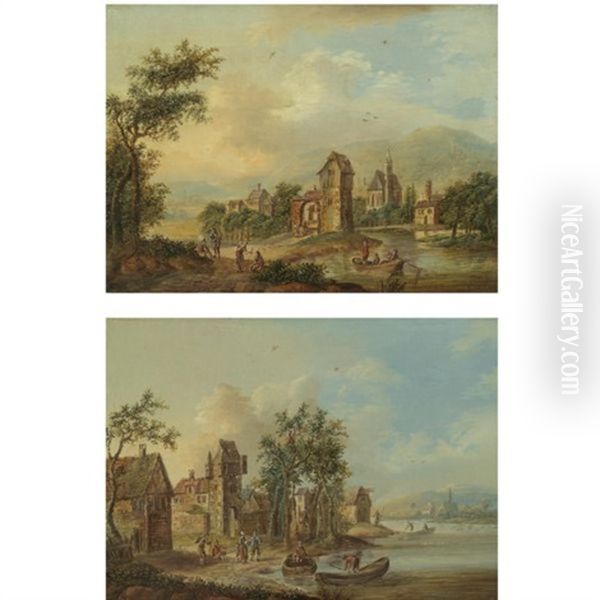 River Landscapes With Travellers On The Left Bank And Figures Boating (pair) Oil Painting by Christian Georg Schuetz the Younger