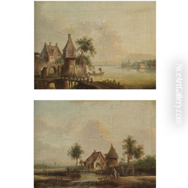 A River Landscape, A Village To The Left And A Bridge In The Foreground (+ A Landscape With A Mill And Peasants Fishing In The Foreground; Pair) Oil Painting by Christian Georg Schuetz the Younger