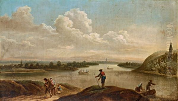 Weite Flusslandschaft Mit Booten Und Figuren Oil Painting by Christian Georg Schuetz the Younger