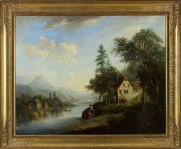 Ideale Flusslandschaft Mit Anglern Oil Painting by Christian Georg Schuetz the Younger