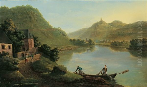 Rheinlandschaft Bei Bonn Mit Nonnenwerth, Dem Rolandsbogen Und Dem Drachenfels Oil Painting by Christian Georg Schuetz the Younger