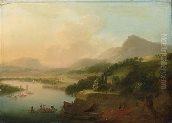 An Extensive River Landscape With Merchants Unloading Their Cargo, Travellers To The Foreground Oil Painting by Christian Georg Schuetz the Younger