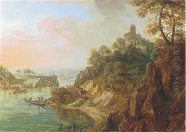 A Rhenish Landscape With Herdsmen On A Track Near A Castle, A Moored Fishing Boat Nearby And A Church In The Distance Oil Painting by Christian Georg Schuetz the Younger