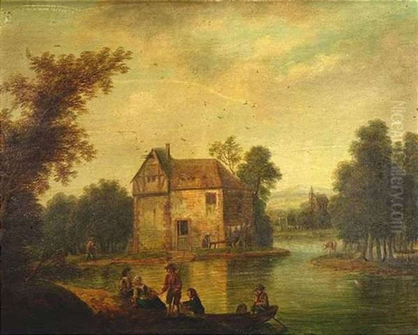 Fluslandschaft Mit Fischern Und Gehoft Oil Painting by Christian Georg Schuetz the Younger