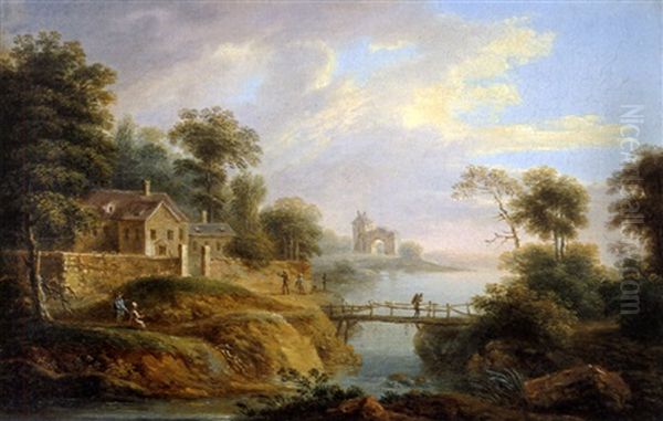 Flusslandschaft Mit Brucke Und Figurenstaffage Oil Painting by Christian Georg Schuetz the Younger