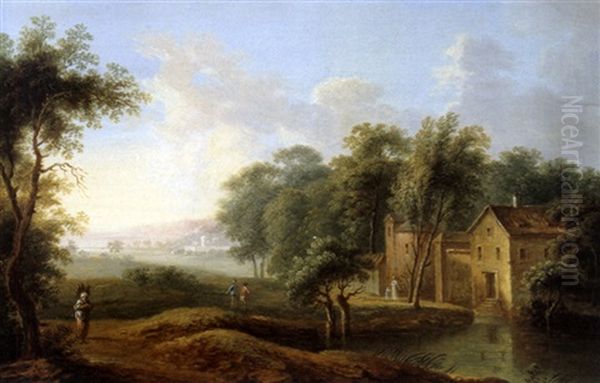 Flusslandschaft Mit Gebauden Und Figurenstaffage Oil Painting by Christian Georg Schuetz the Younger