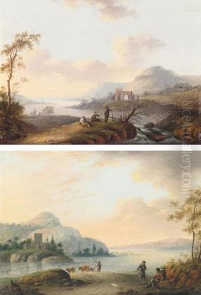 River Landscape With Drovers And Their Animals (+ River Landscape With Fishermen; Pair) Oil Painting by Christian Georg Schuetz the Younger