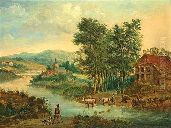 Hugelige Fluslandschaft Mit Einer Furt Und Kuhen Oil Painting by Christian Georg Schuetz the Younger