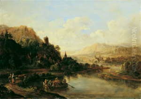 Flusslandschaft Mit Fahrboot Oil Painting by Christian Georg Schuetz the Younger