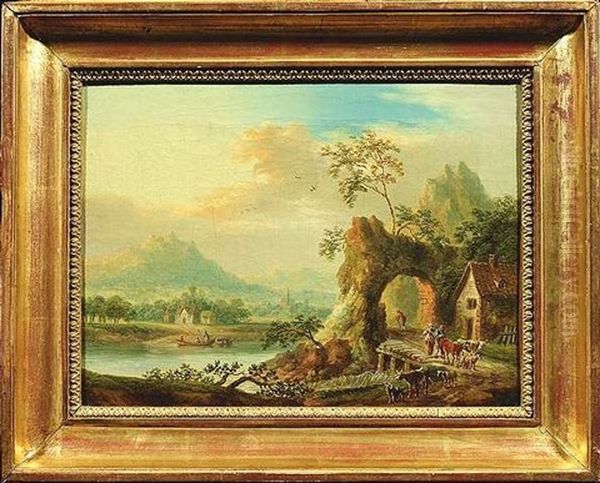 Ideale Rheinlandschaft Mit Ruine Oil Painting by Christian Georg Schuetz the Younger