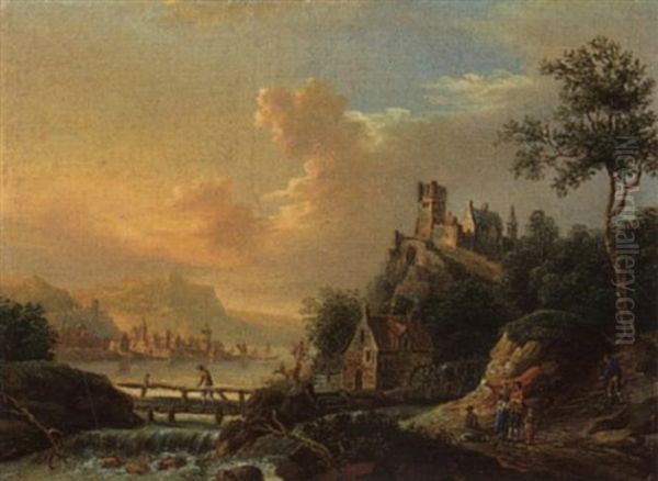 Rheinlandschaft Mit Hochgelegener Burg Oil Painting by Christian Georg Schuetz the Younger