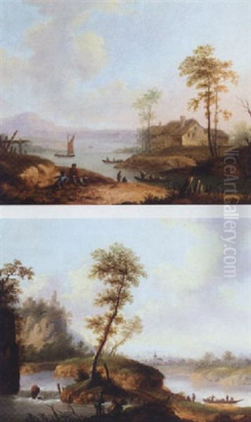 A River Landscape With Fishermen Beside A Weir, A Church Beyond Oil Painting by Christian Georg Schuetz the Younger