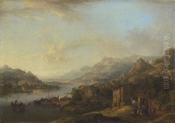 Flusslandschaft (phantastische Rheinlandschaft) Oil Painting by Christian Georg Schuetz the Younger