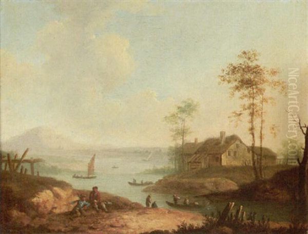 Rhenish River Landscape With Fishermen On A Bank And Figures Resting In The Foreground Oil Painting by Christian Georg Schuetz the Younger