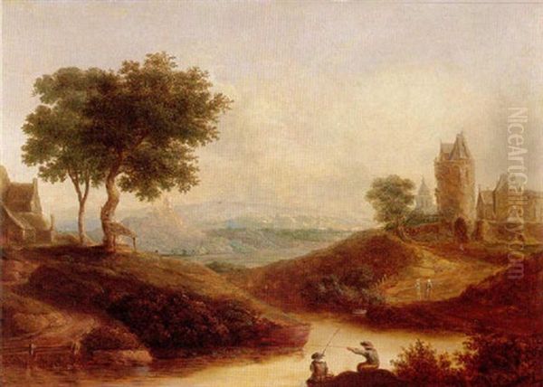 A River Landscape With Figures Fishing Before A Castle Oil Painting by Christian Georg Schuetz the Younger