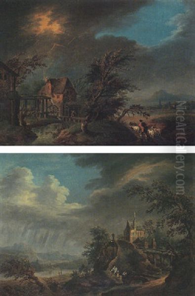 A Landscape With A Watermill Struck By Lightning Oil Painting by Christian Georg Schuetz the Younger