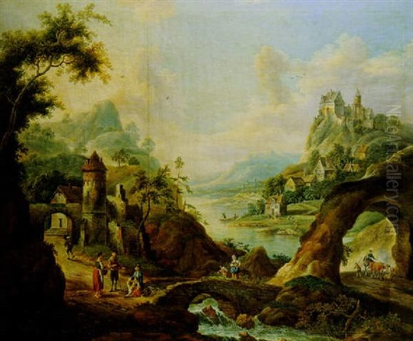 Flusslandschaft Mit Hochgelegener Burg Oil Painting by Christian Georg Schuetz the Younger