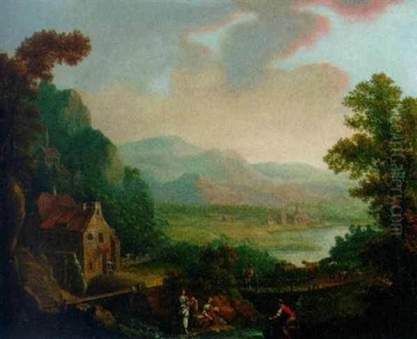 Figures Before A River In A Landscape, A Town Beyond Oil Painting by Christian Georg Schuetz the Younger