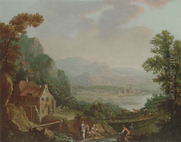 Figures By A Stream In A River Valley Oil Painting by Christian Georg Schuetz the Younger