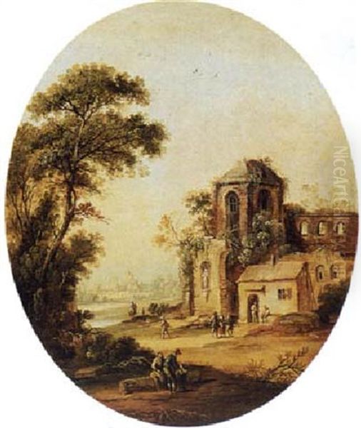 Summer Landscape With Figures In Front Of A Church Ruin Oil Painting by Christian Georg Schuetz the Younger