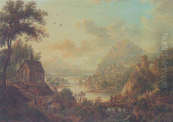 A River Landscape With Travellers On A Bridge Oil Painting by Christian Georg Schuetz the Younger