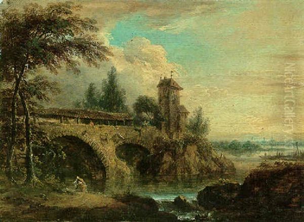 River Landscape With A Lady Bathing Near A Bridge And Some Buildings Oil Painting by Christian Georg Schuetz the Younger