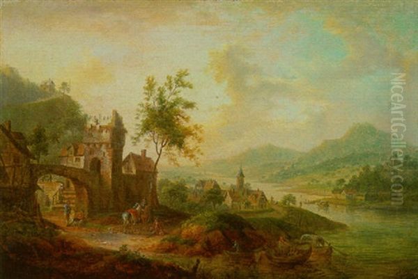 Phantastische Rheinlandschaft Mit Einem Reiter Vor Einer Stadtmauer Oil Painting by Christian Georg Schuetz the Younger