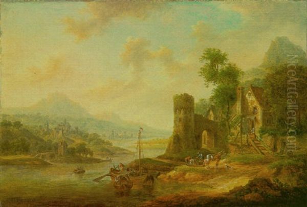 Phantastische Rheinlandschaft Mit Turm Und Bauernhauser An Einem Ufer Oil Painting by Christian Georg Schuetz the Younger