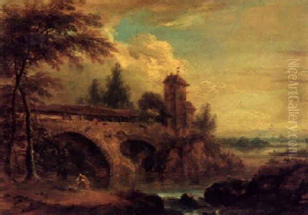 River Landscape With A Lady Bathing Near A Bridge And Some Buildings Oil Painting by Christian Georg Schuetz the Younger