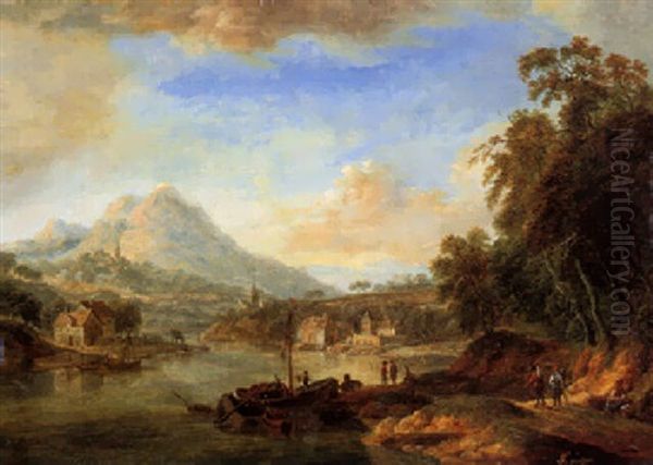 Weite Flusslandschaft Mit Booten Und Wanderern Oil Painting by Christian Georg Schuetz the Younger