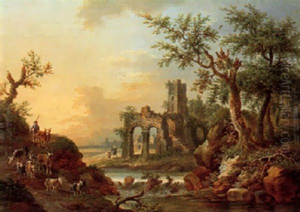 Flusslandschaft Mit Hirten Und Ruine Oil Painting by Christian Georg Schuetz the Younger