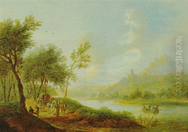 Fluslandschaft Mit Fischerbooten Und Reisenden Oil Painting by Christian Georg Schuetz the Younger